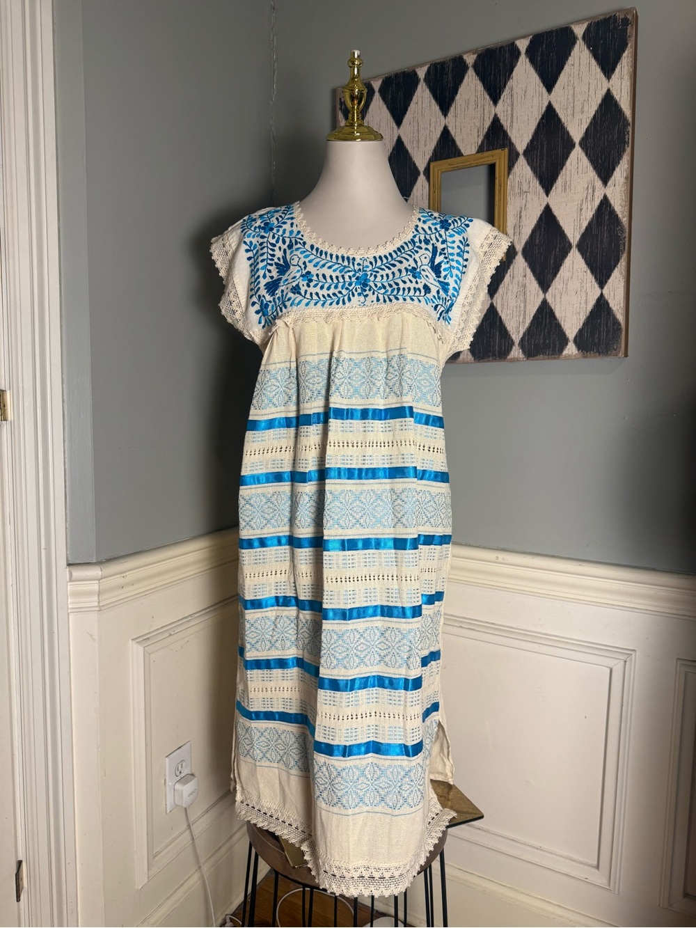 Vintage Mexican Embroidered Dress Blue Birds Floral Crochet Cotton M